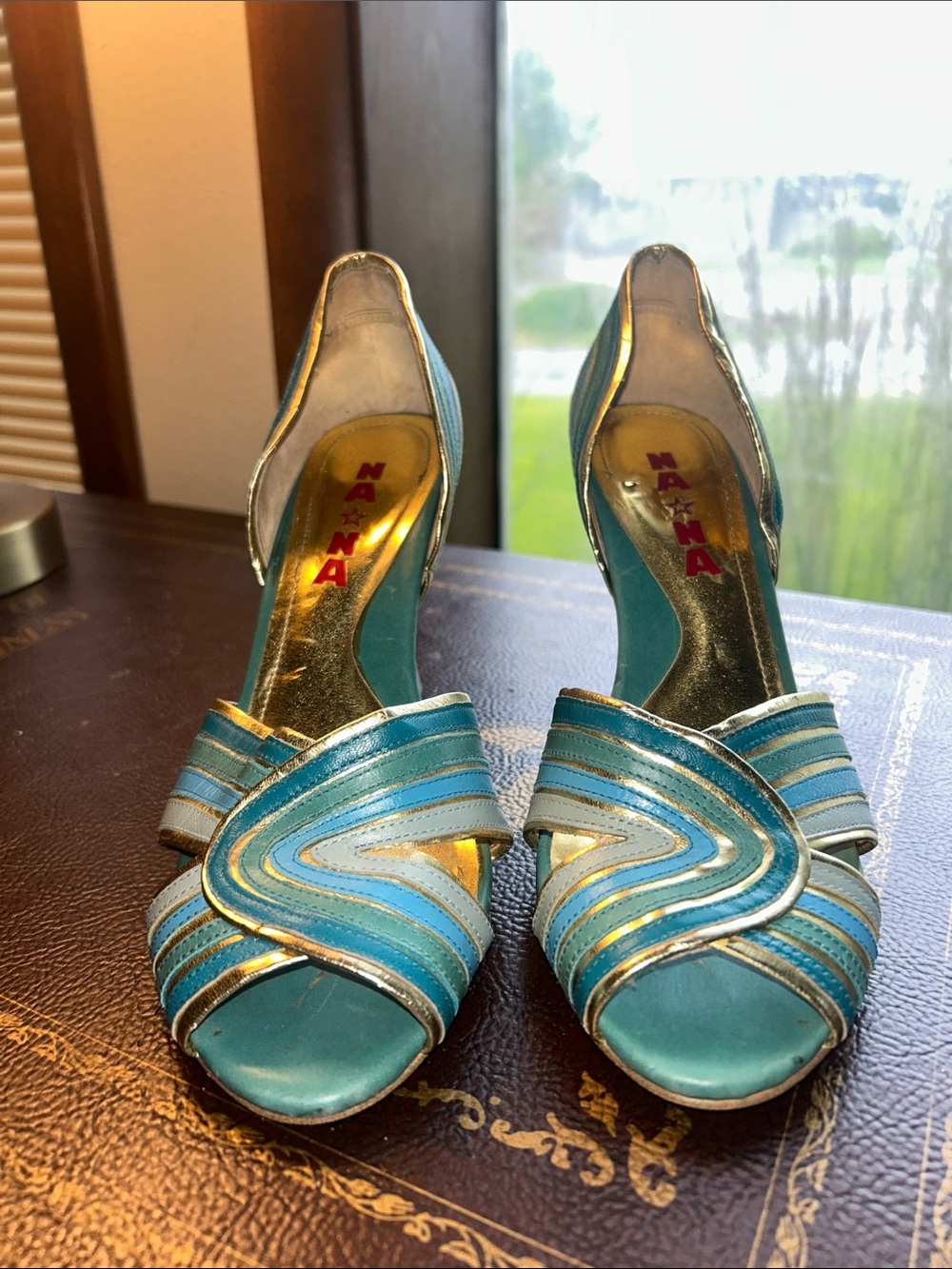 NaNa Teal & Light Blue Striped Peep-Toe Heels with Gold Trim